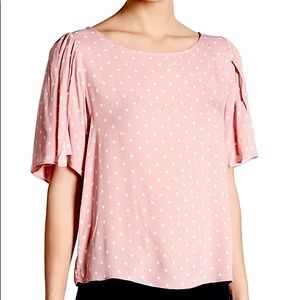 NWOT 14th & Union Petal Sleeve Polka Dot Tie Back Blouse PINK/WHITE - SIZE M
